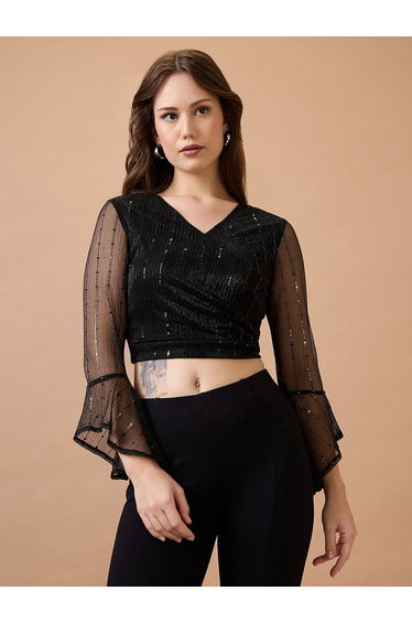 Black Embellished Party Crop Top