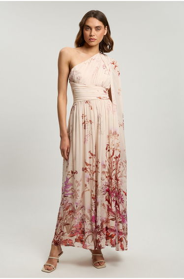 Petite Crinkle Georgette Floral Print One Shoulder Woven Maxi Dress
