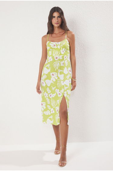 Green Floral Slit Midi Woven Dress