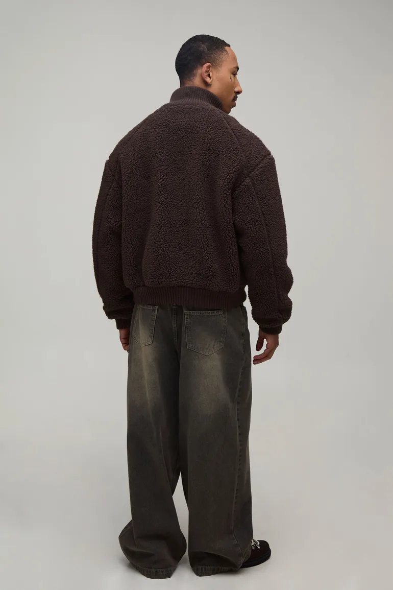 Boxy Fit Chunky Borg Knit Rib Funnel Borg Jacket - chocolate - 1