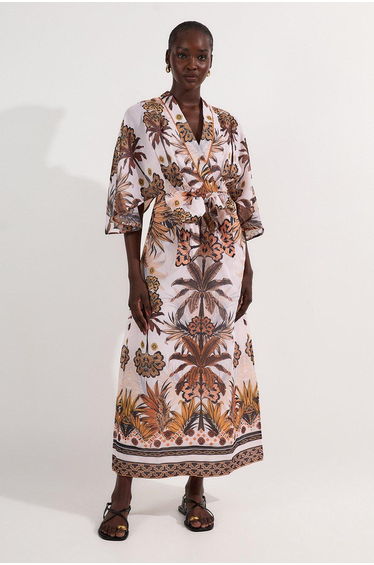 Abstract Print Cotton Kimono Sleeve Woven Maxi Dress