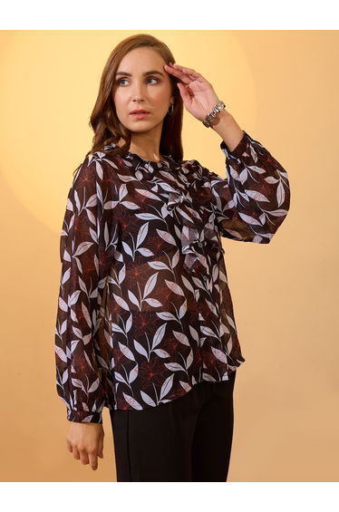 Women Black Long Sleeves Floral Print Top