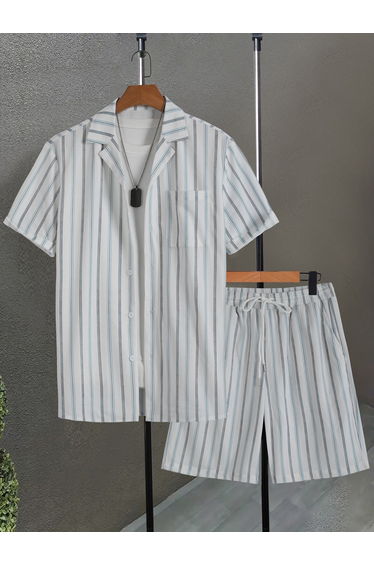 Men White Striped Short Sleeve Button Front Shirt and Shorts Co-Ords