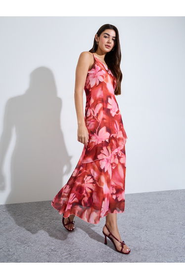 Red Floral Strappy A-Line Maxi Dress