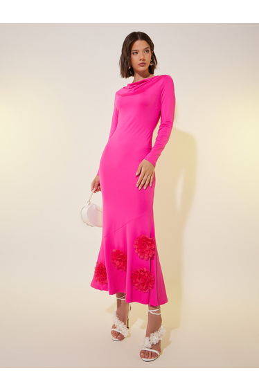 Solid Long Sleeves A-Line Dress with Corsage Detail