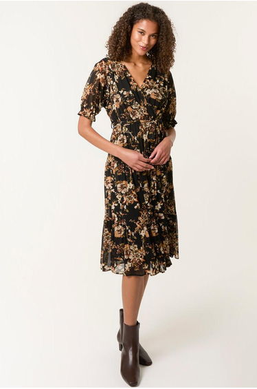 Floral Mesh Wrap Front Tiered Midi Dress