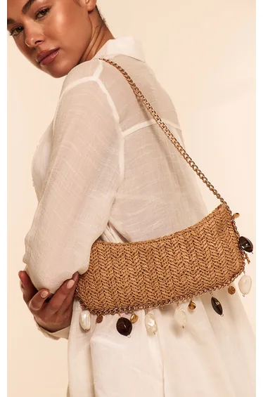Gold Raffia Charm Slim Shoulder Bag