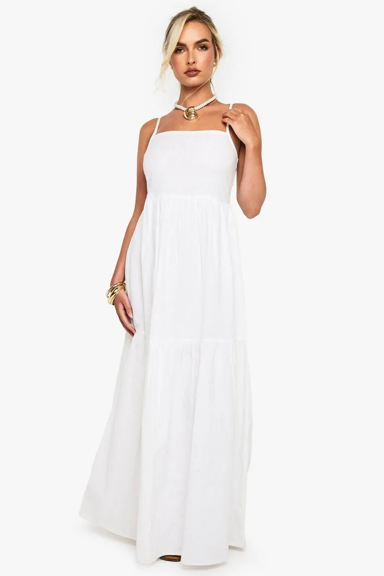 Tiered Linen Strappy Maxi Dress - white