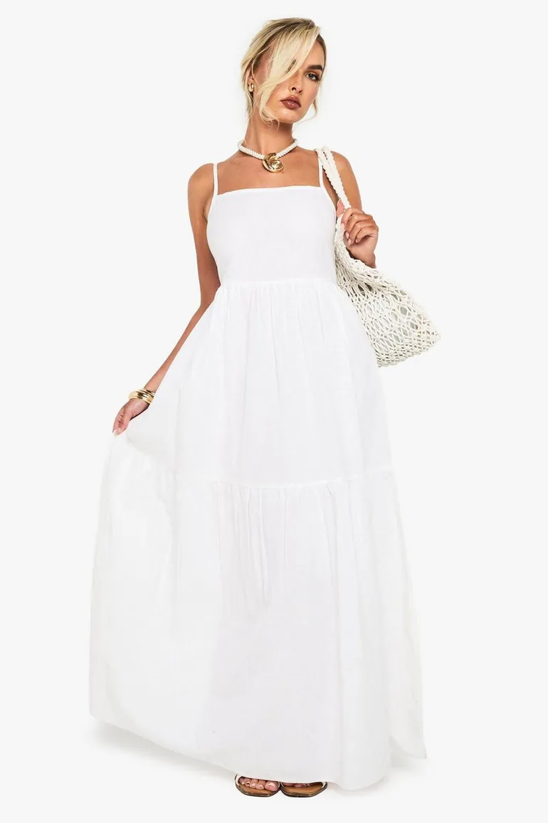 Tiered Linen Strappy Maxi Dress - white - 2