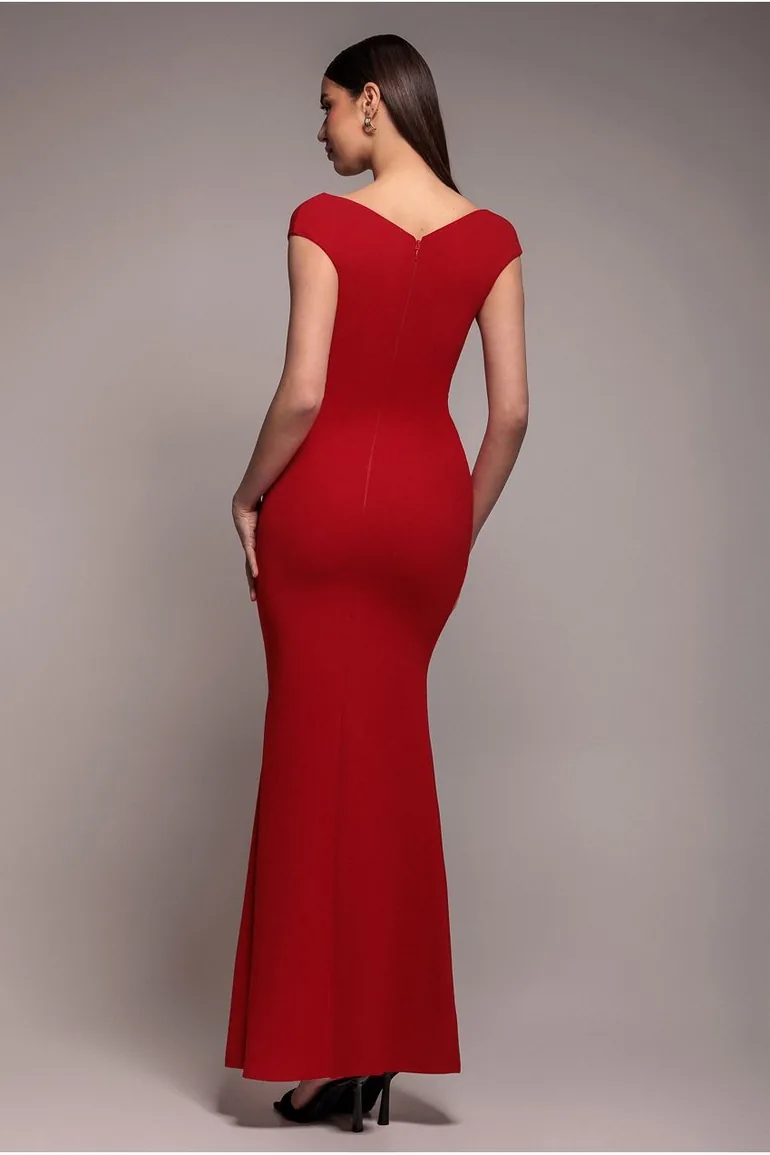 Goddiva Bardot Pleated Maxi Dress - Red