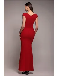 Goddiva Bardot Pleated Maxi Dress - Red