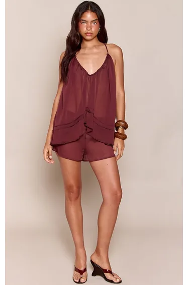 Chocolate Textured Chiffon Floaty Shorts Co-ord