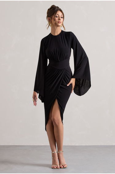 Lennox | Black Drape-Sleeve Gathered Midaxi Dress