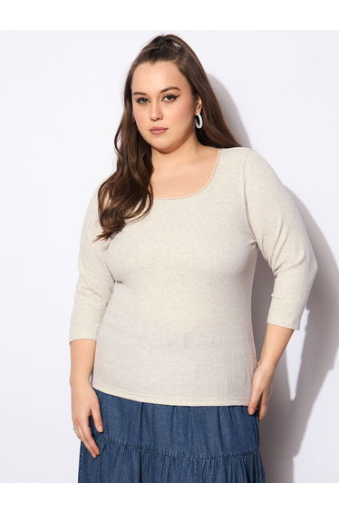 Plus Size Melange Round Neck Lace Detail Top