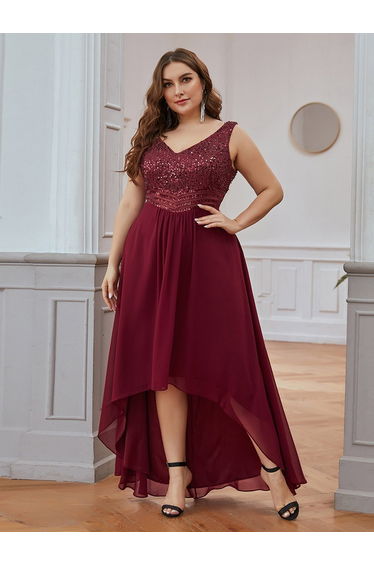 Elegant Paillette & Chiffon V-neck A-line Sleeveless Plus Size Formal Evening Dresses