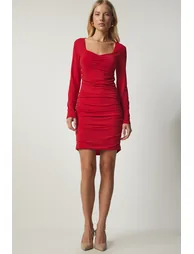 Red Ruched Bodycon Mini Evening Dress with Long Sleeves