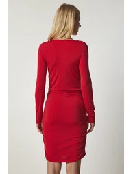 Red Ruched Bodycon Mini Evening Dress with Long Sleeves - 4