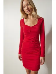 Red Ruched Bodycon Mini Evening Dress with Long Sleeves - 2