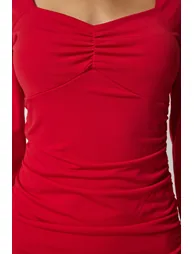 Red Ruched Bodycon Mini Evening Dress with Long Sleeves - 3