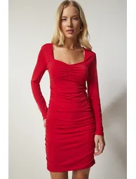 Red Ruched Bodycon Mini Evening Dress with Long Sleeves - 1