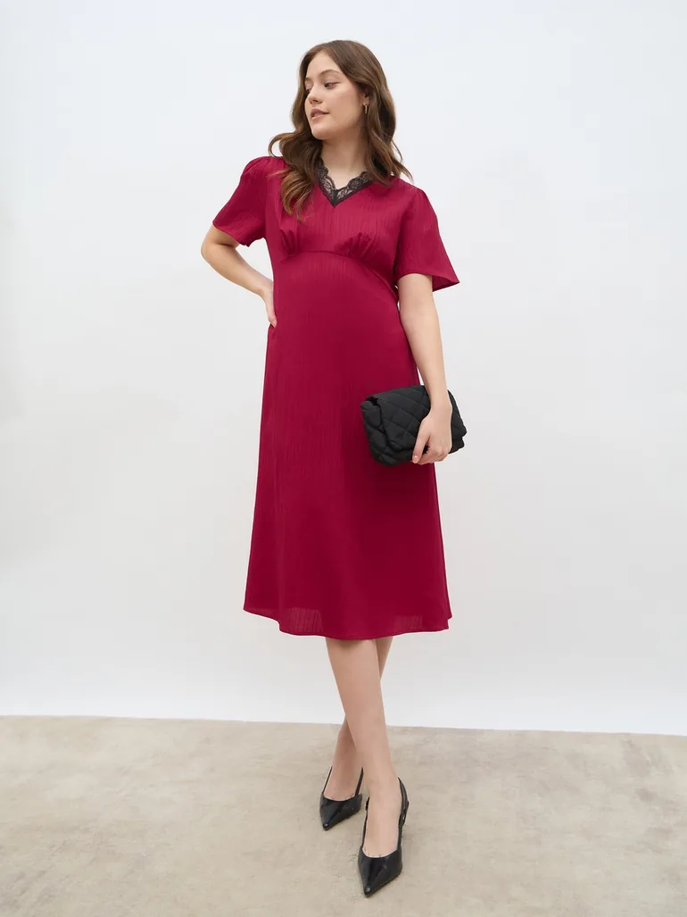 Women Red Lace Insert V Neck A-Line Midi Dress Styli : Day Dresses :  VogaCloset Oman