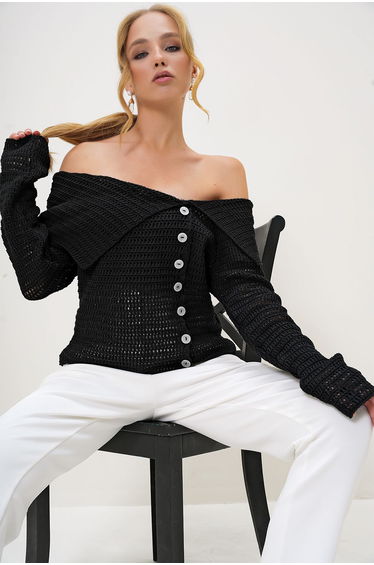 Women's Black Madonna Collar Button Detailed Openwork Winter Knitwear Sweater
