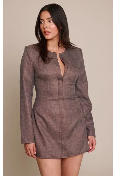 Chocolate Woven Button Down Long Sleeve Blazer Dress