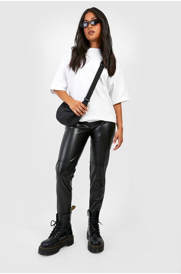 Petite Leather Look Seamed Skinny Trousers - black