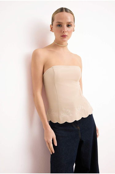 Beige Embroidery Detailed Woven Blouse