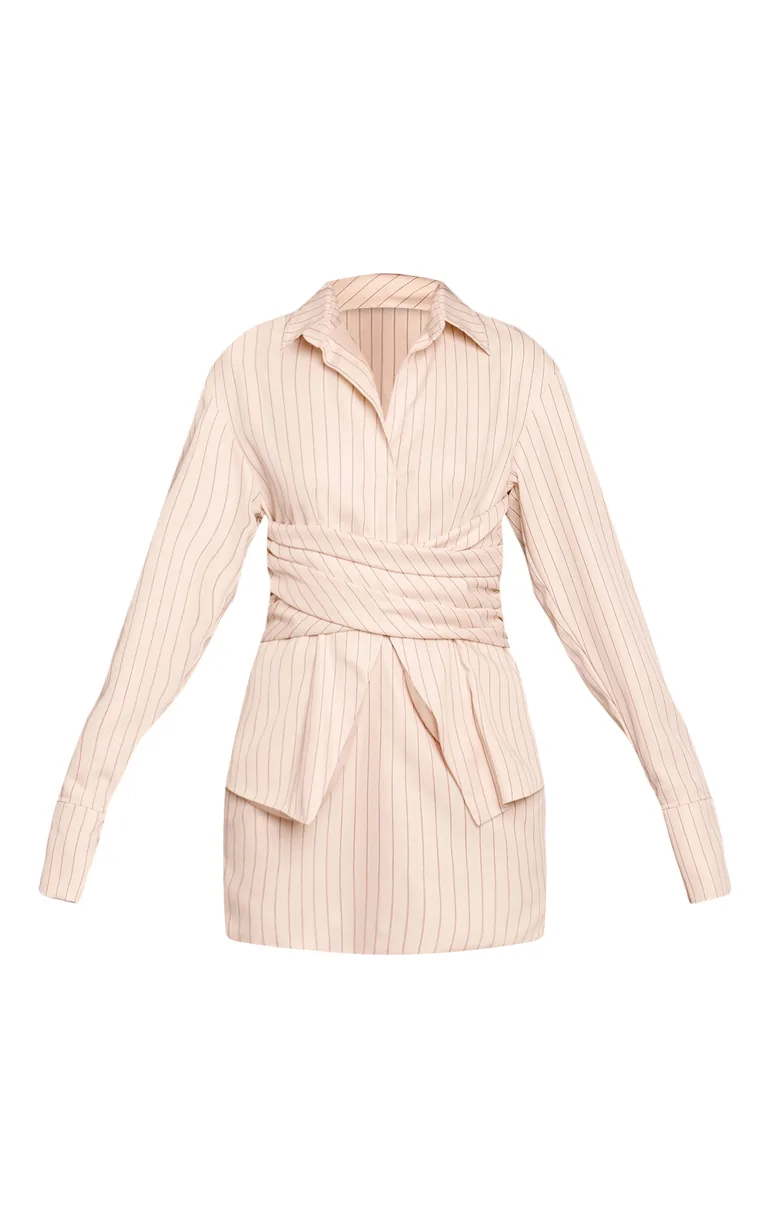 Cream Pinstripe Wrap Detail Long Sleeve Shirt Dress Prettylittlething Cream  : Party Dresses : VogaCloset Oman