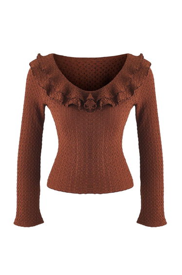 Brown Textured Fitted/Fits-Your-Body Ruffle Detailed Flexible Knitted Blouse