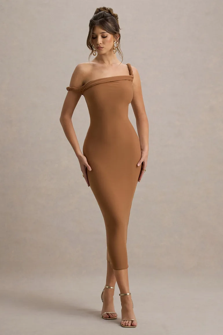 Salome | Brown Twisted Asymmetric Midi Dress Club L London Brown : Evening Dresses : VogaCloset Bahrain Salome | Brown Twisted Asymmetric Midi Dress Club L London Brown : Evening Dresses : VogaCloset Bahrain