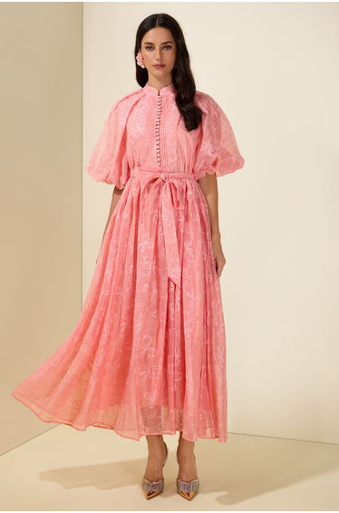 Embroidered Rhinestone Puff Sleeve Midi Dress