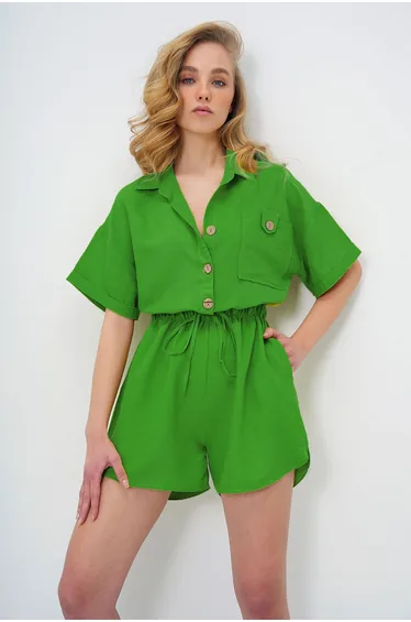 Women's Green Shirt Collar Double Pocket Shorts Jumpsuit