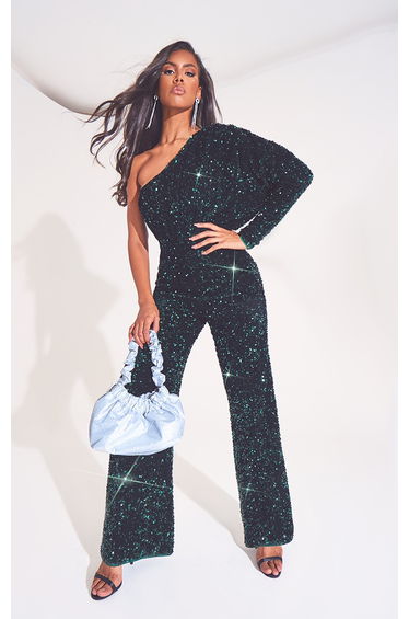 Emerald Green Velvet Sequin One Shoulder Wide Leg Jumpsuit