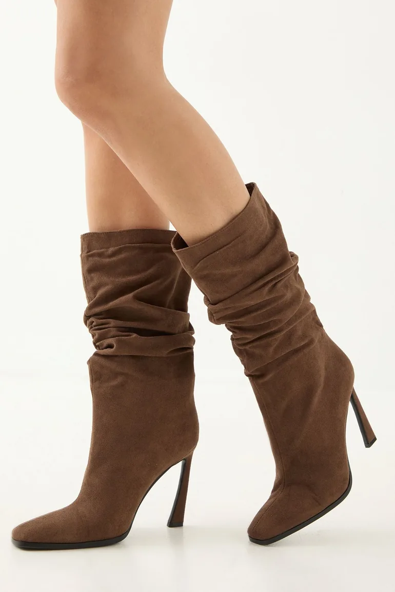 Faux Suede Ruched Square Toe High Flared Stiletto Calf Boots