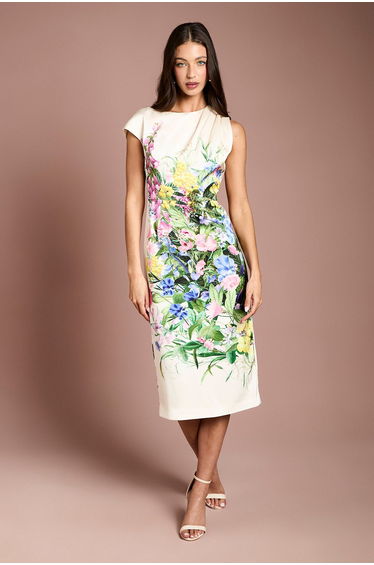 Floral Printed Satin Pencil Dress