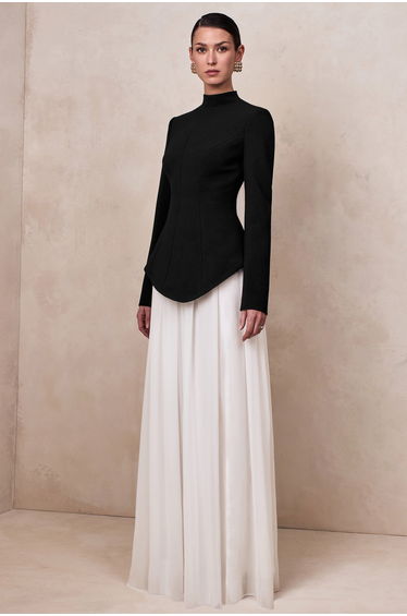 Halma | Black & White High-Neck Maxi Dress With Drop-Waist