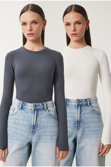 Women's Ecru Anthracite 2-Pack Crew Neck Finger-Slotted Basic Knitted top
