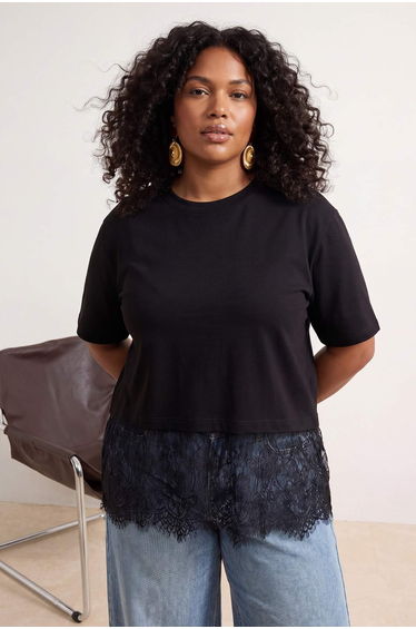 Black Hem Lace Soft Fabric Knitted Large Size T-Shirt