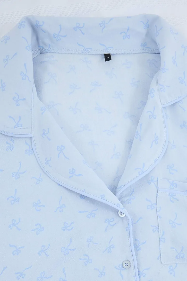 Blue Piping Ribbon Patterned Shirt Collar Woven Large Size Pajama Set - 5