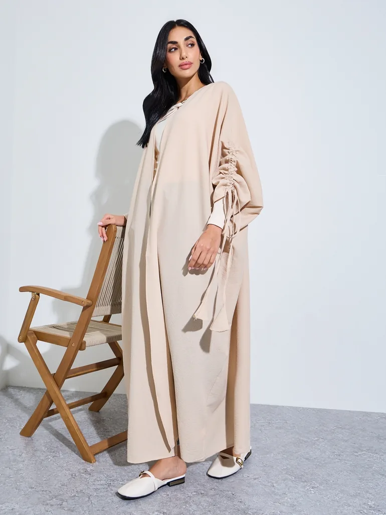 Solid Sleeves Drawstring With Tie Strap Abayas