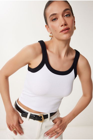 Women's White Contrast Colored Thick Strap Ribbed Tank Top