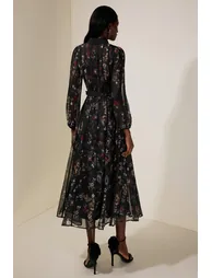 Floral Shirt Collar Single Breasted Midi Dress With Belt - 1