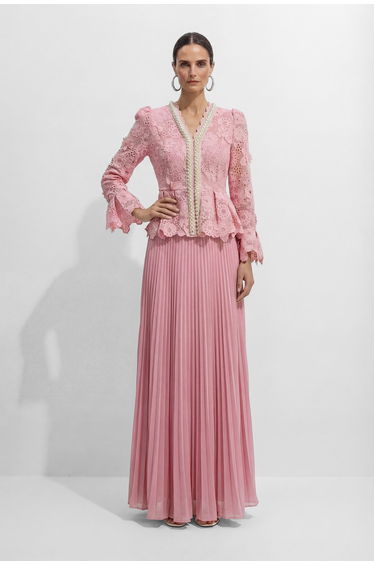 Dreamy Date Pink Floral Lace Pearl Trim Top & Pleated Skirt Set