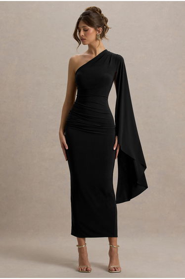 Clementina | Black Asymmetric Cape Sleeve Maxi Dress