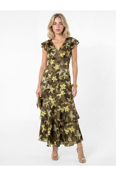 Lovedrobe Olive Floral Flutter Sleeve Tiered Midaxi Dress