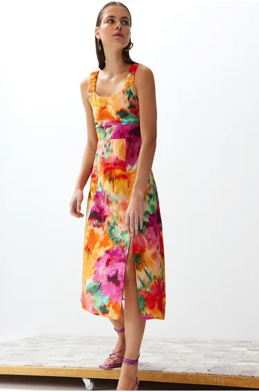 Multi Color Floral Print A Form Woven Dress