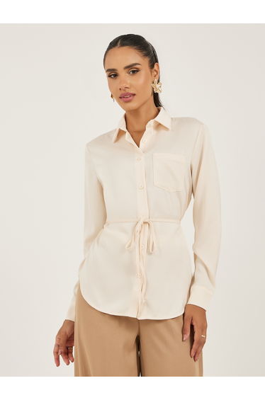 Solid Regular Fit Spread Collar Shirt with Belt Detail
