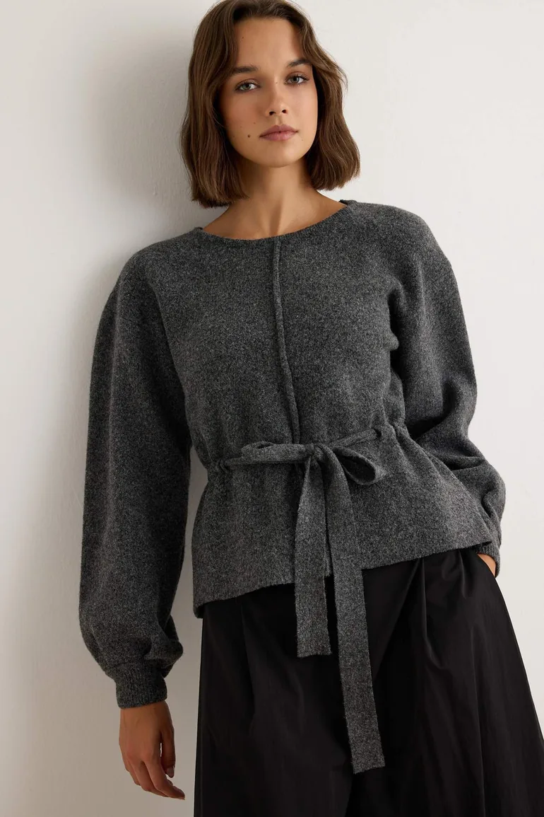 Anthracite Waist Tie Belt Detailed Soft Textured Knitwear Sweater - 1